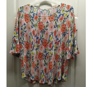 Cure Women's Size 2XL Multicolor Floral 3/4 Bell Sleeves Boat Neck Ribbed Top